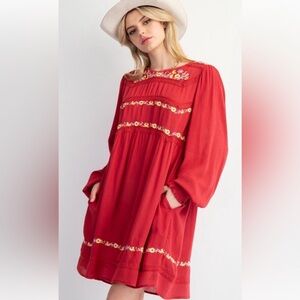 easel Red Embroidered Boho Tunic Dress